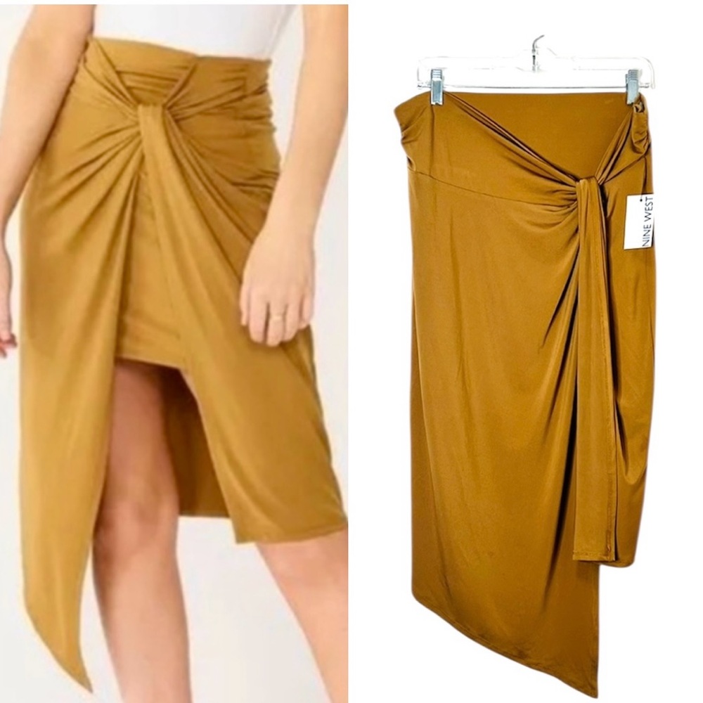 NWT Nine West Gold Midi Wrap Skirt Stretcy Knit Size XL